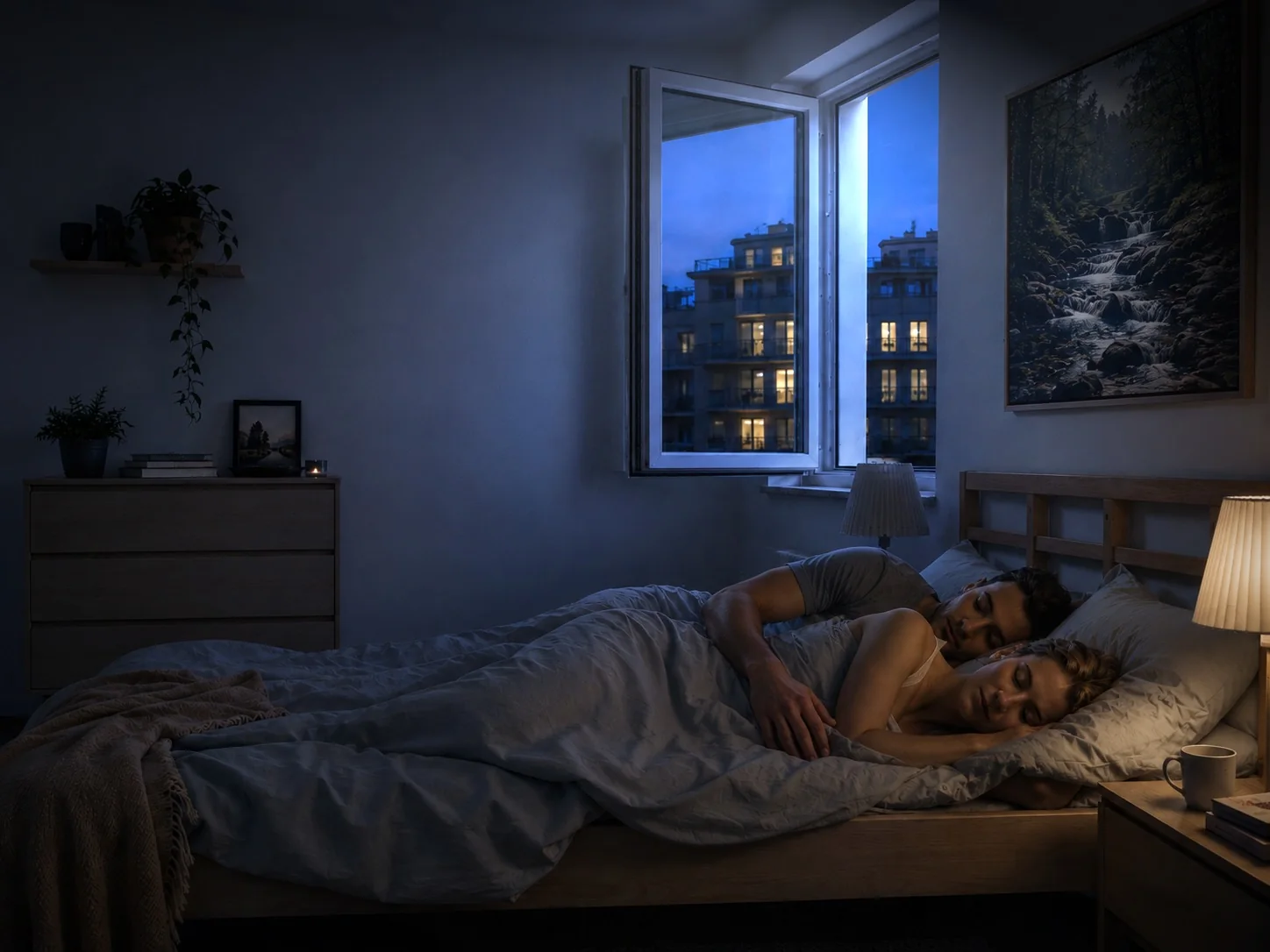 Schlafendes Paar bei geöffnetem Fenster in der Nacht
