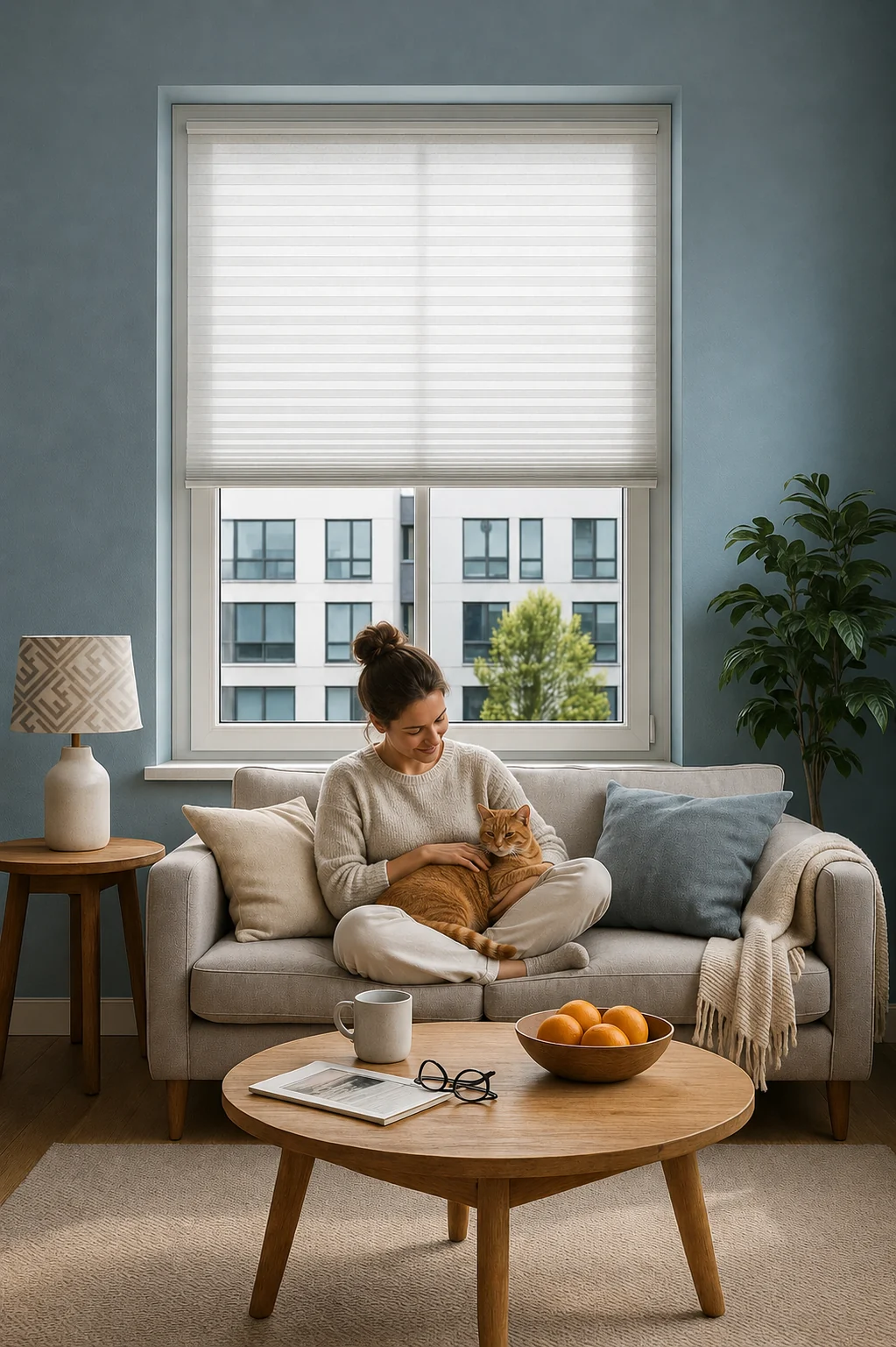 Wohnzimmer mit maßgefertigtem Sonnen- und Sichtschutz