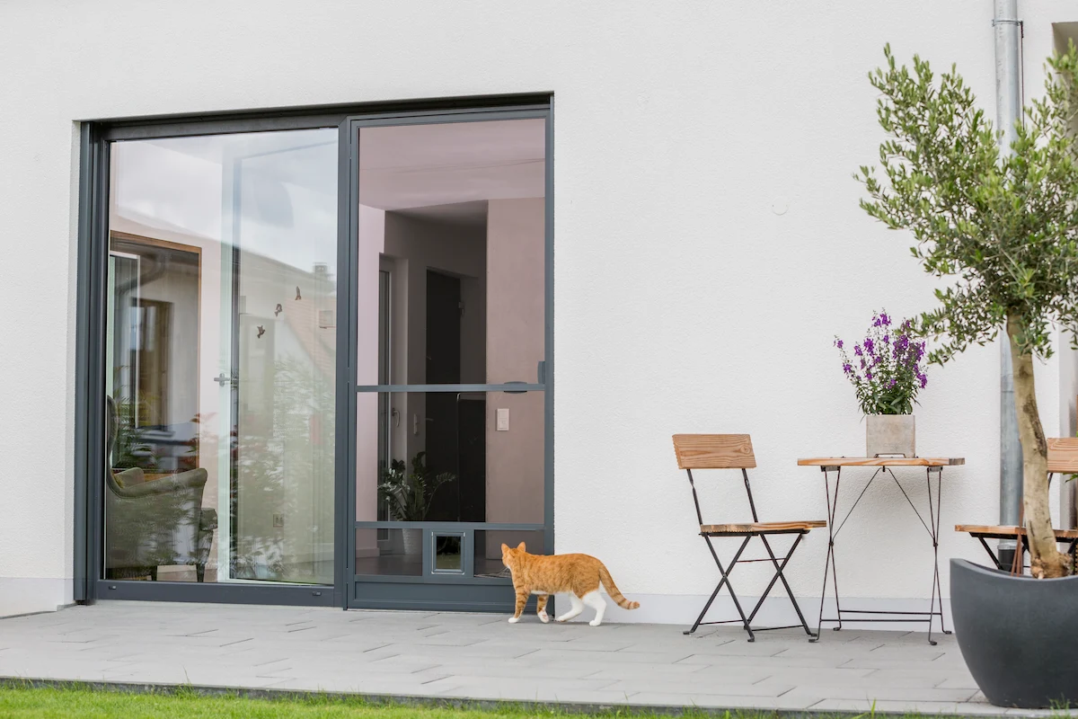 Drehtür mit Katzenklappe grau